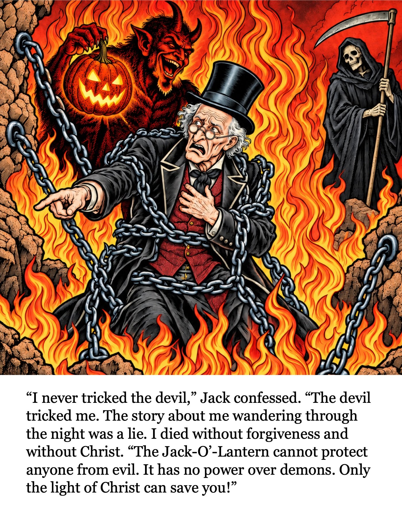 Page 1: “I never tricked the devil,” Jack confessed. “The devil tricked me. The story about me wandering through the night was a lie. I died without