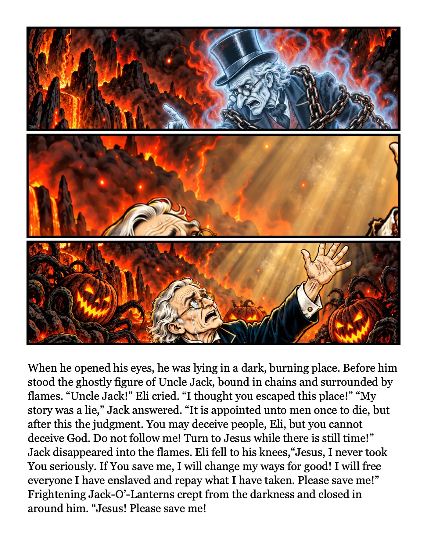 Page 4: When he opened his eyes, he was lying in a dark, burning place. Before him stood the ghostly figure of Uncle Jack, bound in chains and surro