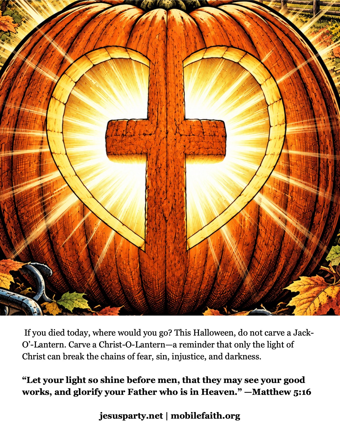 Back Cover: If you died today, where would you go? This Halloween, do not carve a Jack-O’-Lantern. Carve a Christ-O-Lantern—a reminder that only the lig